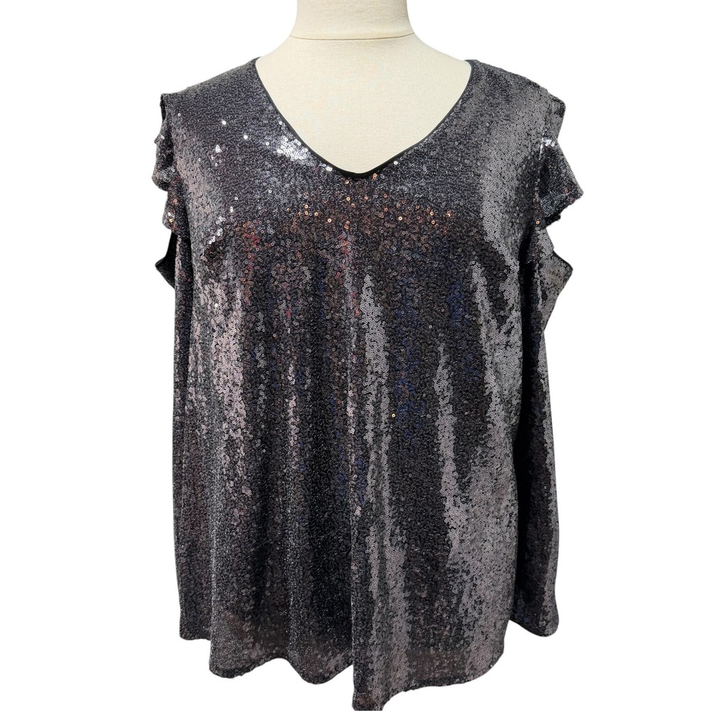 Lane Bryant Sequin Cold Shoulder V-Neck Blouse Black Ruffle Sleeve Top 16 #155